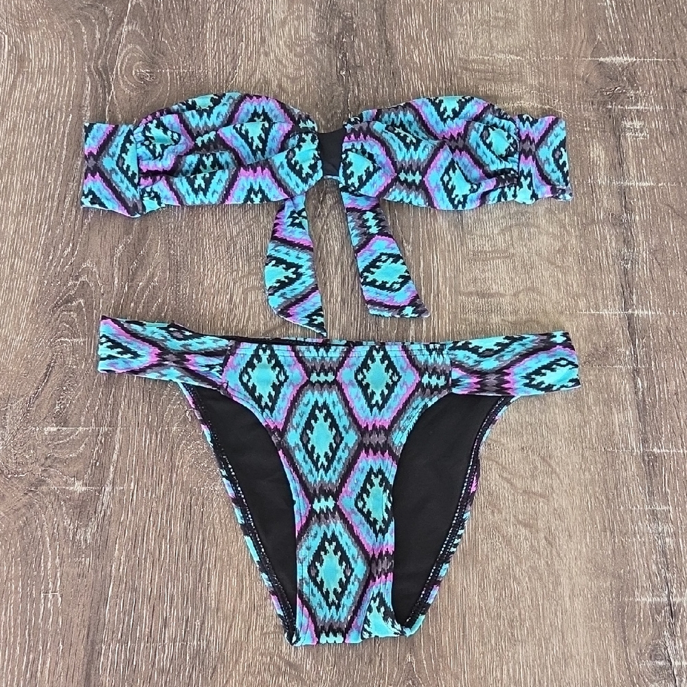 Lost Blue and Purple Geometric Strapless High Leg Matching Surf Bikini Set XS/S